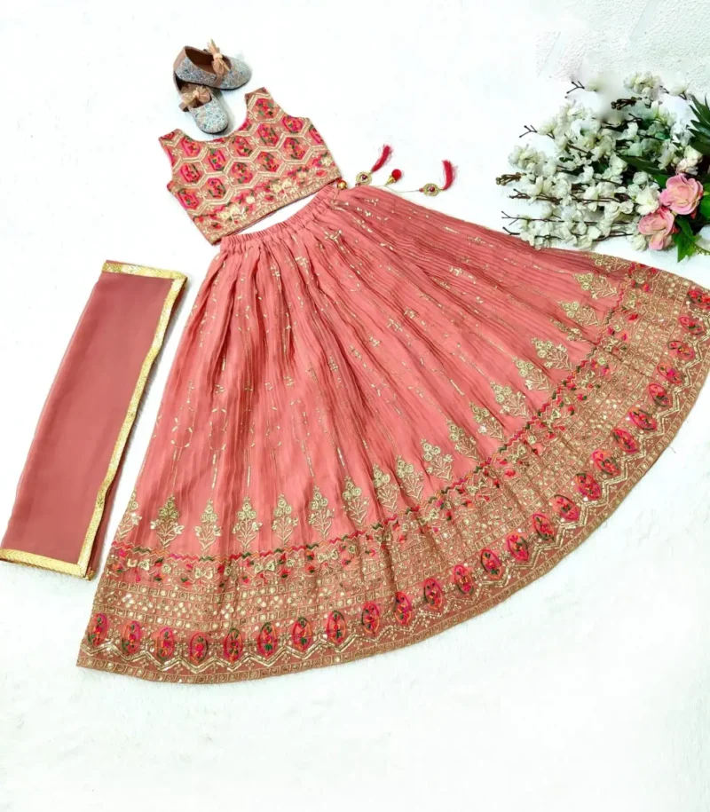 Peach Crush Work Sequins Embroidered Kids Lehenga