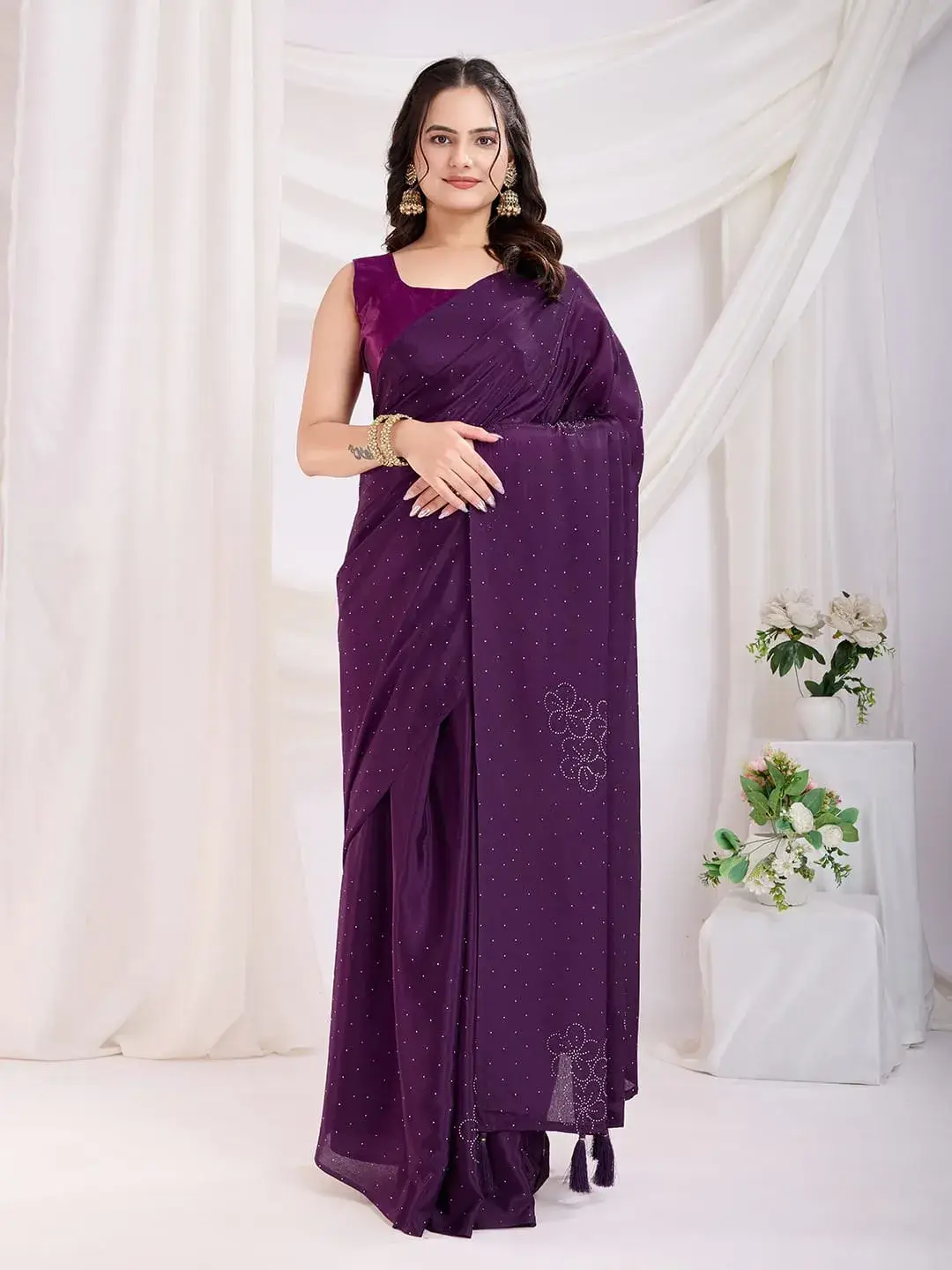 Plain Minimal Work Rangoli Silk Ready to Wear Sarees