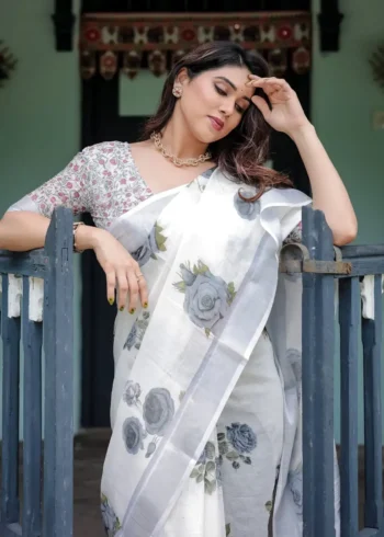 Pristine White Pure Linen Saree Soft Grey Floral Prints