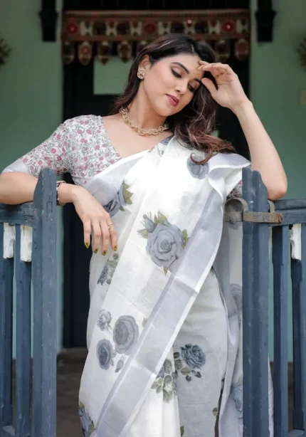 Pristine White Pure Linen Saree Soft Grey Floral Prints