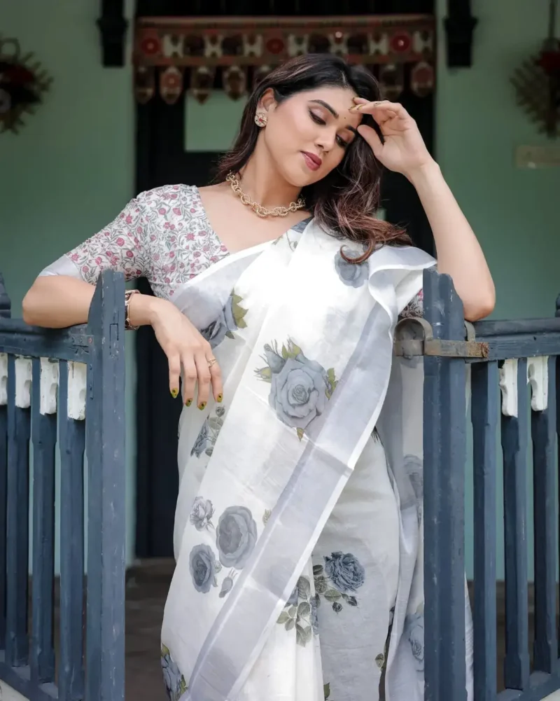 Pristine White Pure Linen Saree Soft Grey Floral Prints