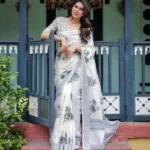 Pristine White Pure Linen Saree Soft Grey Floral Prints