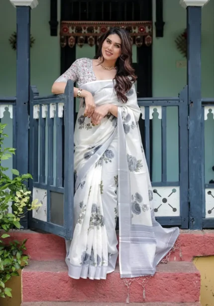 Pristine White Pure Linen Saree Soft Grey Floral Prints