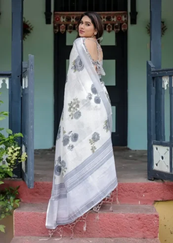 Pristine White Pure Linen Saree Soft Grey Floral Prints