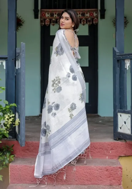 Pristine White Pure Linen Saree Soft Grey Floral Prints