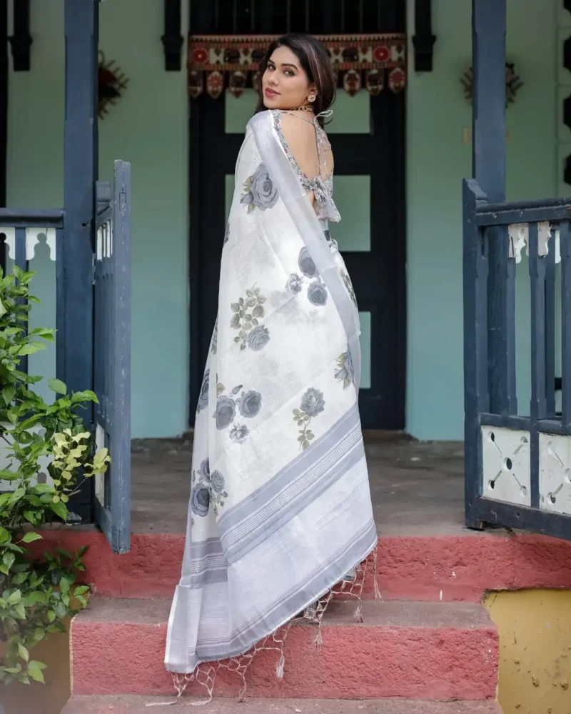 Pristine White Pure Linen Saree Soft Grey Floral Prints