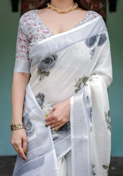 Pristine White Pure Linen Saree Soft Grey Floral Prints