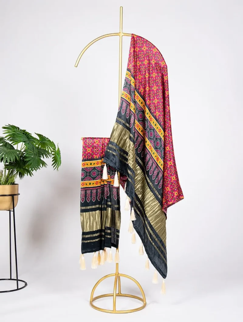 Pure Gaji Silk Digital Printed Bandhej Dupatta With Tassels