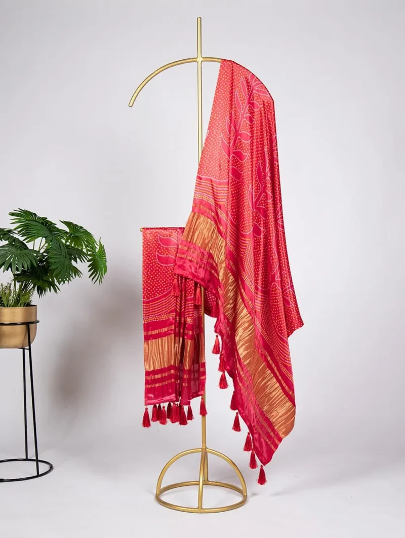 Pure Gaji Silk Digital Printed Bandhej Dupatta With Tassels