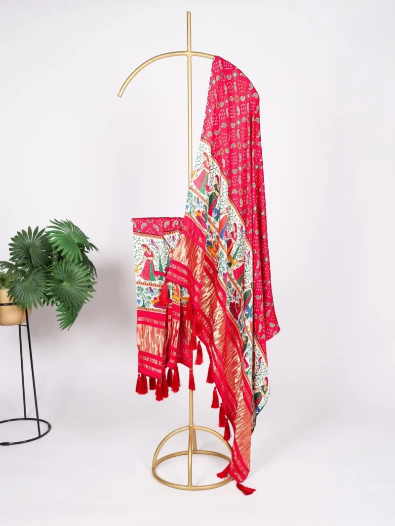 Pure Gaji Silk Digital Printed Bandhej Dupatta With Tassels
