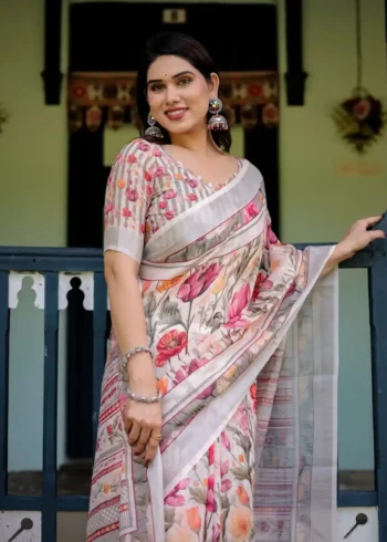 Pure Linen Saree in Creamy Ivory Color