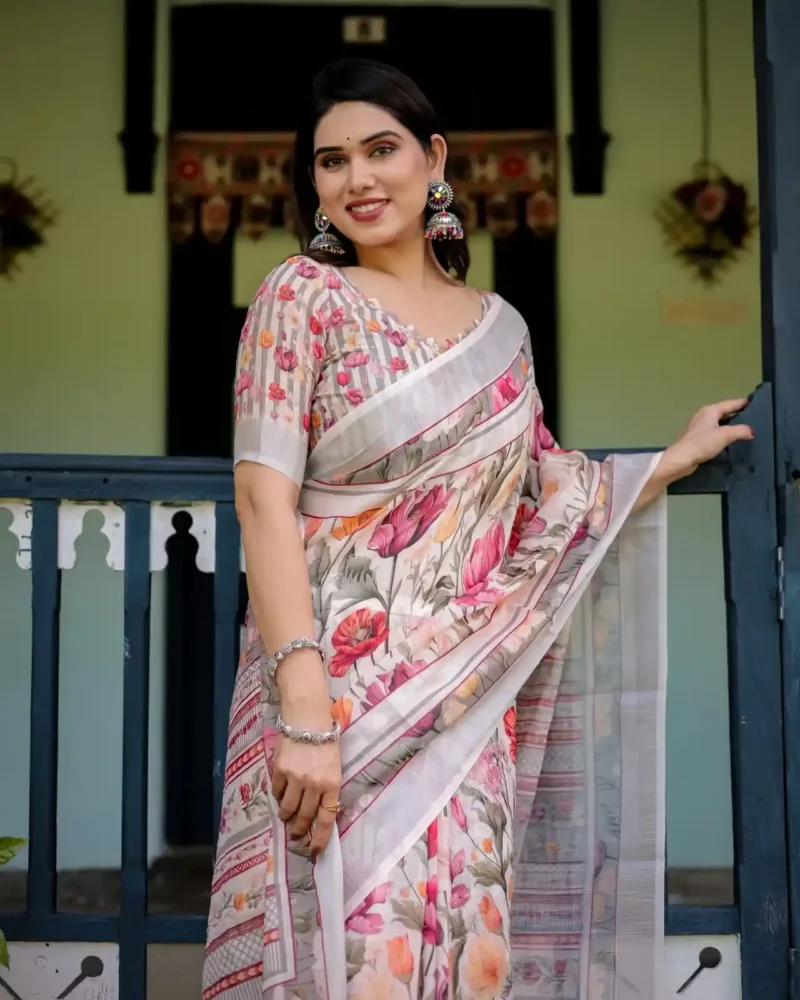 Pure Linen Saree in Creamy Ivory Color