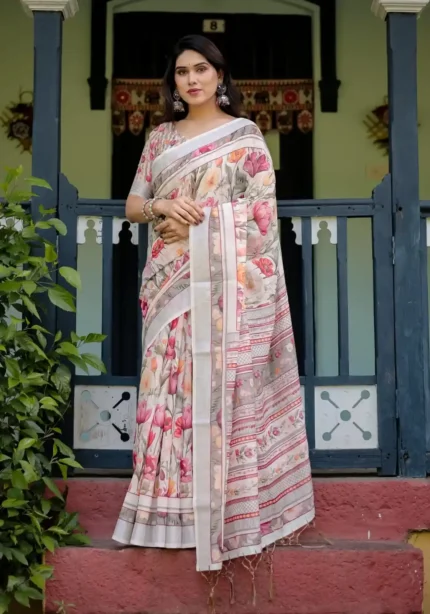 Pure Linen Saree in Creamy Ivory Color