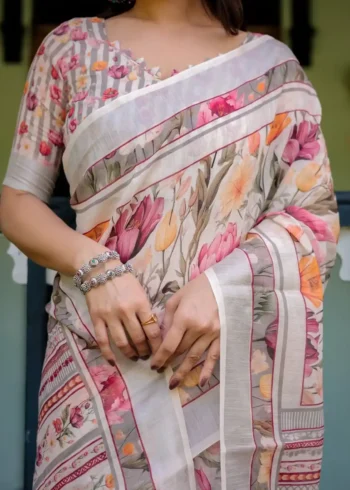Pure Linen Saree in Creamy Ivory Color