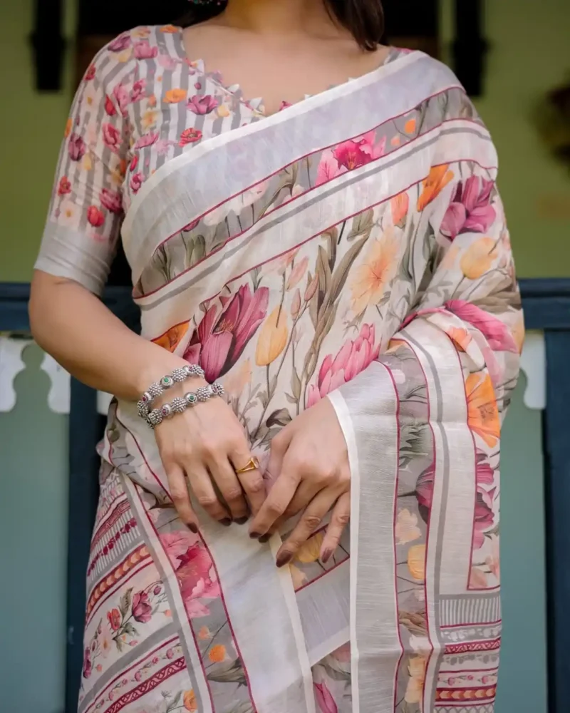 Pure Linen Saree in Creamy Ivory Color