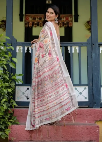 Pure Linen Saree in Creamy Ivory Color