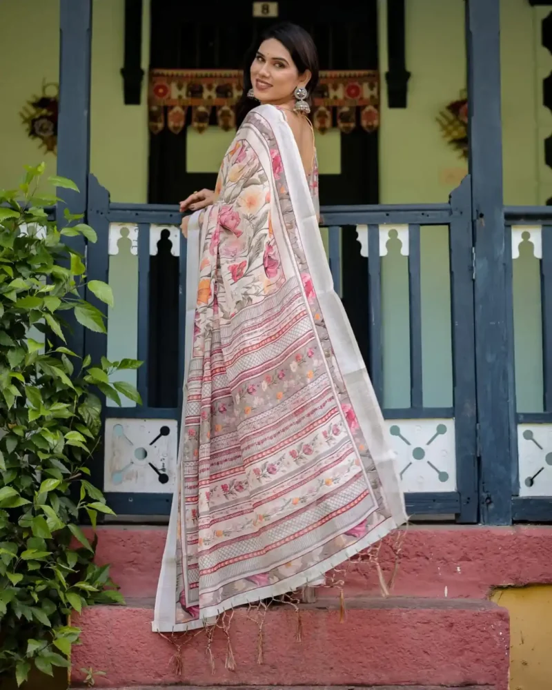 Pure Linen Saree in Creamy Ivory Color