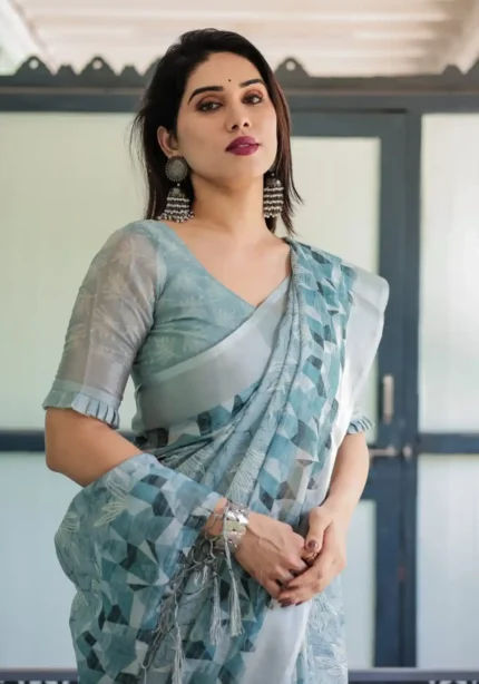 Pure Linen Saree With a Geometric Print Delicate Floral Embroidery