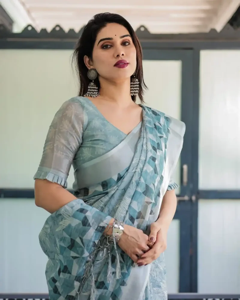 Pure Linen Saree With a Geometric Print Delicate Floral Embroidery