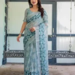 Pure Linen Saree With a Geometric Print Delicate Floral Embroidery