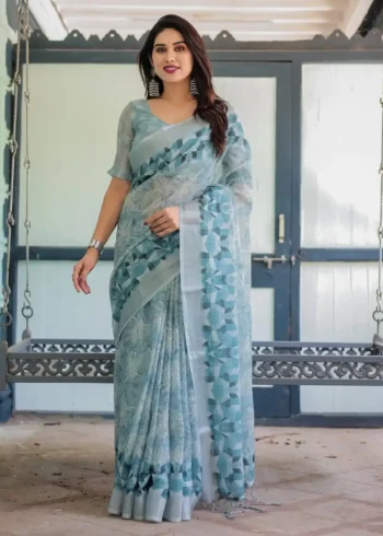 Pure Linen Saree With a Geometric Print Delicate Floral Embroidery