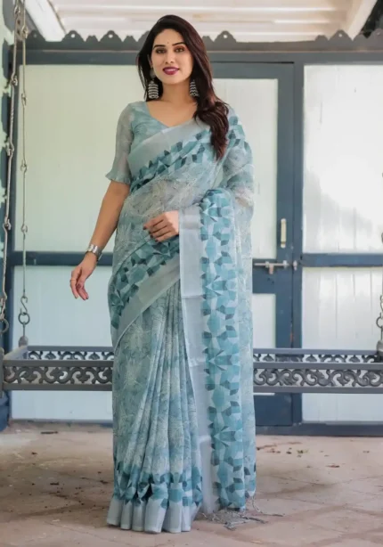 Pure Linen Saree With a Geometric Print Delicate Floral Embroidery