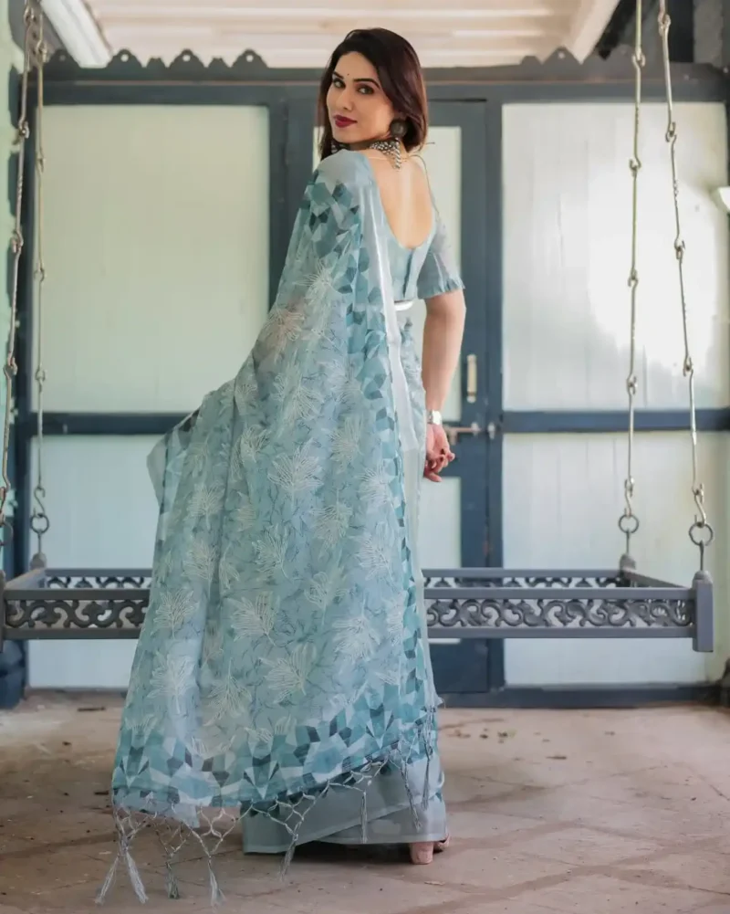 Pure Linen Saree With a Geometric Print Delicate Floral Embroidery