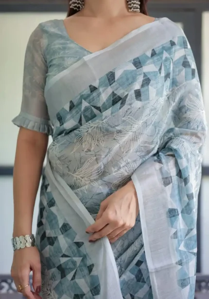 Pure Linen Saree With a Geometric Print Delicate Floral Embroidery