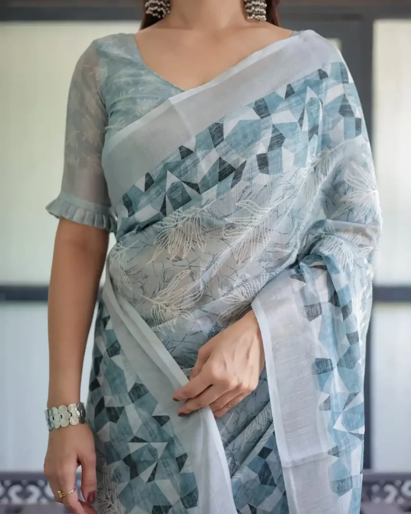 Pure Linen Saree With a Geometric Print Delicate Floral Embroidery