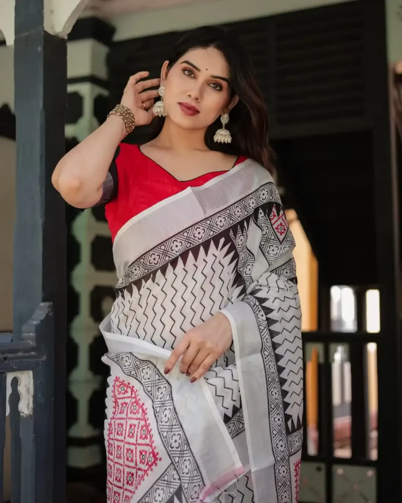 Pure Linen Saree With Tassels Classic White and Black Colour