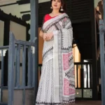 Pure Linen Saree With Tassels Classic White and Black Colour