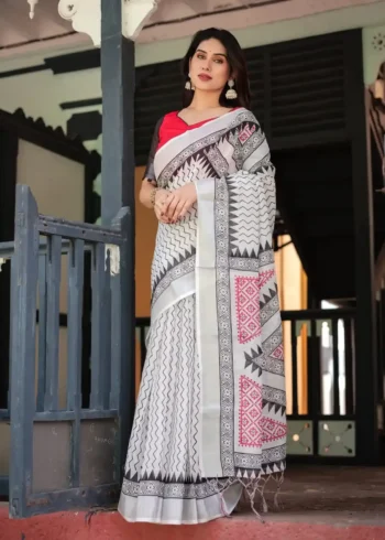 Pure Linen Saree With Tassels Classic White and Black Colour