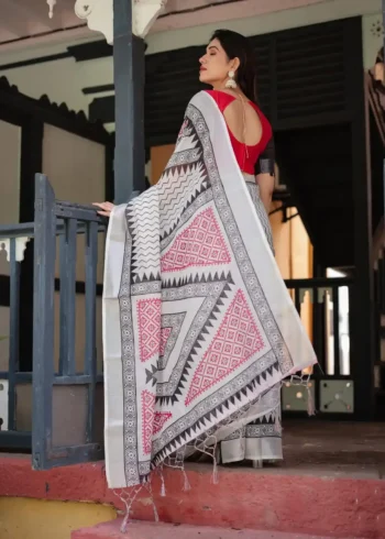 Pure Linen Saree With Tassels Classic White and Black Colour