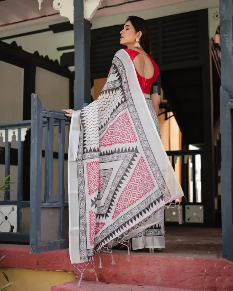 Pure Linen Saree With Tassels Classic White and Black Colour