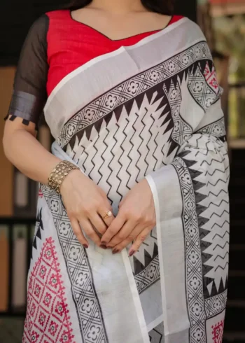Pure Linen Saree With Tassels Classic White and Black Colour