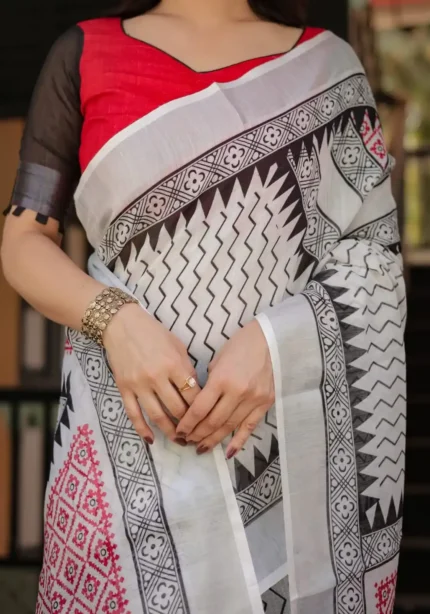 Pure Linen Saree With Tassels Classic White and Black Colour