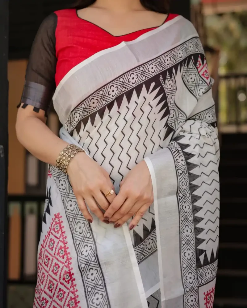 Pure Linen Saree With Tassels Classic White and Black Colour