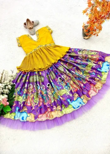 Purple Color Chinon Silk Kalamkari Kids Lehenga
