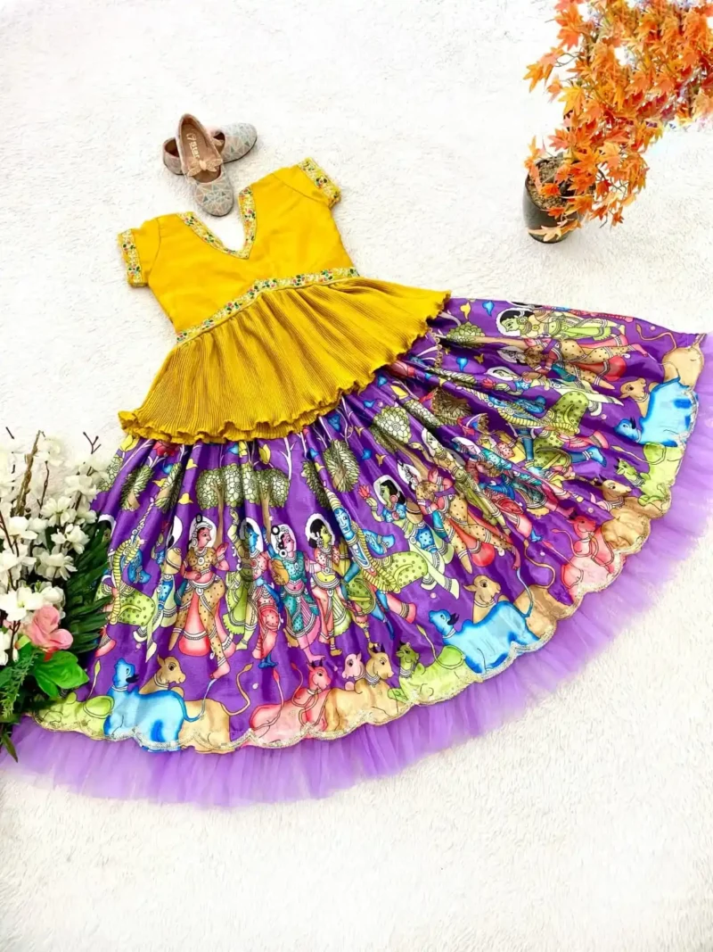Purple Color Chinon Silk Kalamkari Kids Lehenga