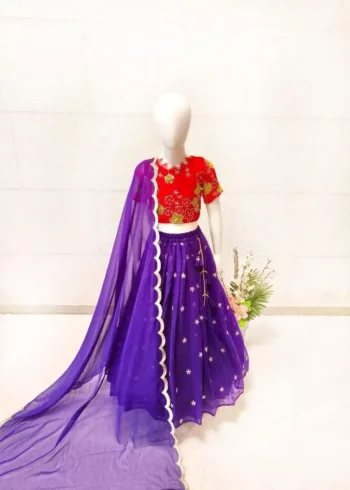 Purple Color Embroidery Crush Work Wedding Lehenga for Kids