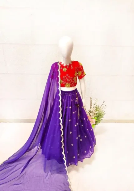 Purple Color Embroidery Crush Work Wedding Lehenga for Kids