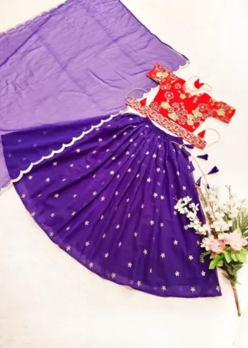 Purple Color Embroidery Crush Work Wedding Lehenga for Kids