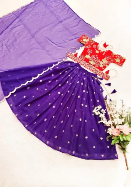 Purple Color Embroidery Crush Work Wedding Lehenga for Kids