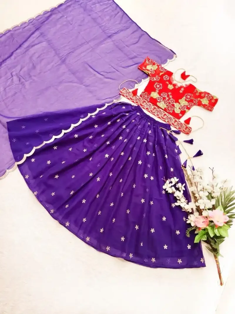 Purple Color Embroidery Crush Work Wedding Lehenga for Kids