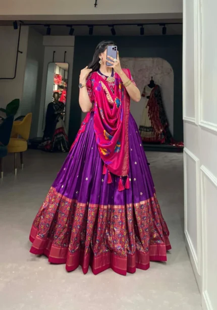 Purple Color Tussar Silk Foil Work Printed Halfsaree Lehenga