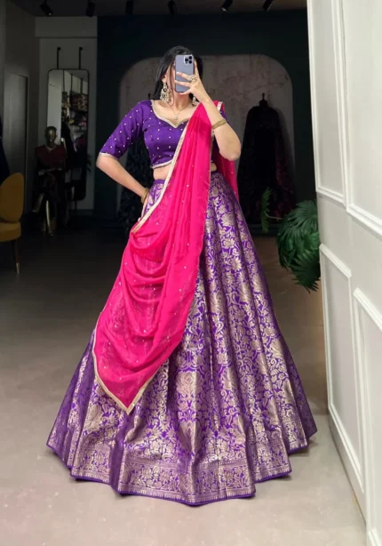 Purple Color Zari Weaving Work Jacquard Silk Half Saree Lehenga