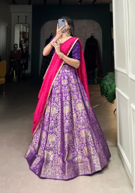 Purple Color Zari Weaving Work Jacquard Silk Half Saree Lehenga