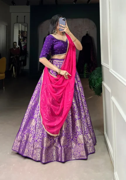 Purple Color Zari Weaving Work Jacquard Silk Half Saree Lehenga