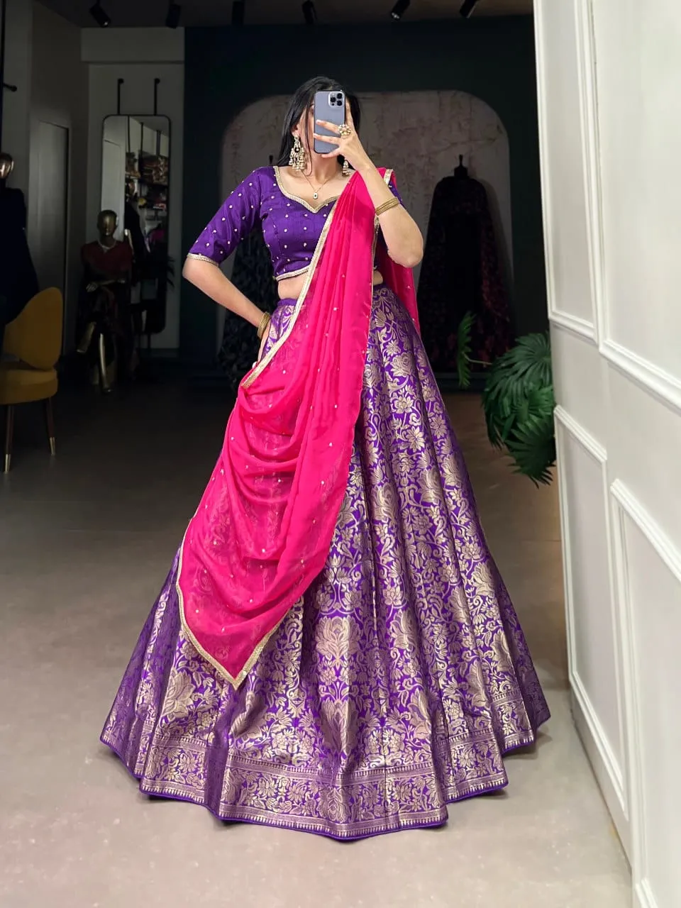 Purple Color Zari Weaving Work Jacquard Silk Half Saree Lehenga