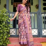 Purple Colour Pure Linen Saree With Tassels